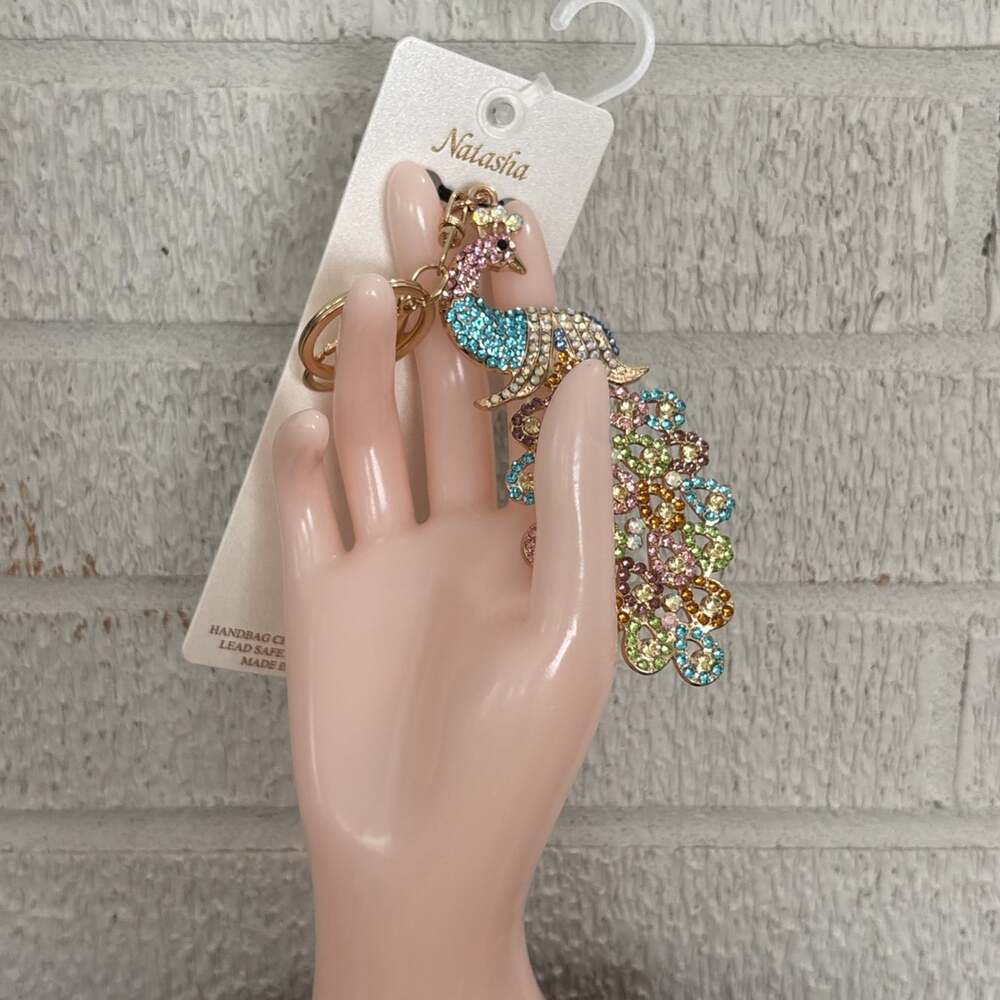 Natasha Rhinestone Peacock Bag Charm Keychain Brand New Bling Gold Rainbow - Picture 7 of 8